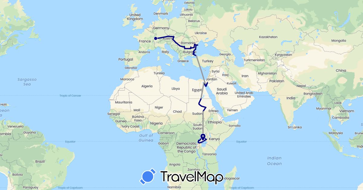 TravelMap itinerary: driving, plane in Austria, Bulgaria, Switzerland, Germany, Hungary, Romania, Serbia, Sudan, Slovakia, Turkey, Uganda (Africa, Asia, Europe)